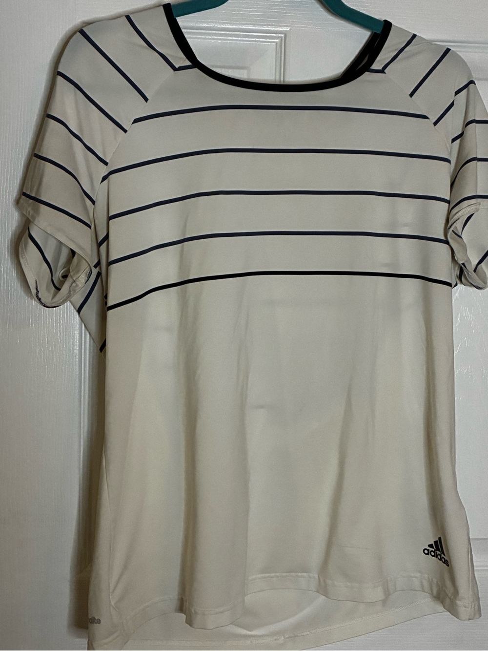 adidas Cream Short-Sleeve Tee with Navy Stripes and Black Neck Trim